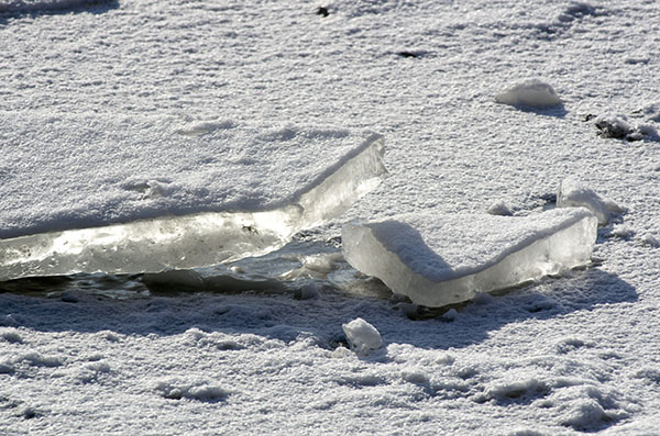 Gefahr durch Frostschäden. Eisschollen auf dem Wasser 